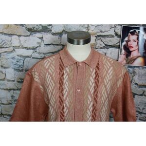 SILKBLENDS Men Vintage Knit Shirt Salmon Diamond Pattern Button Up Shirt Size L